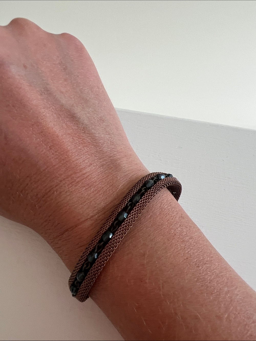 Brown Mesh Bracelet with Black Beaded Accent | Minimalist Boho